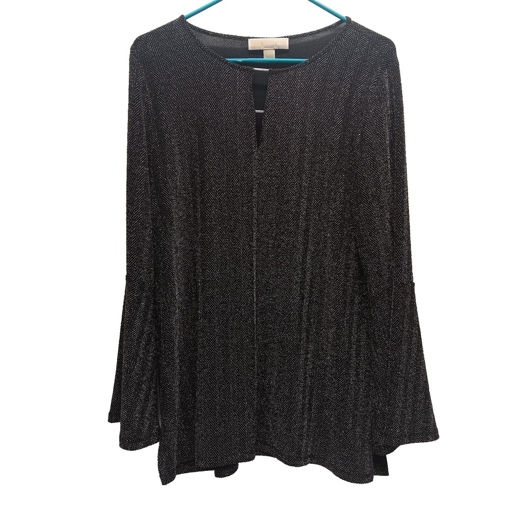 Michael Kors Bell Sleeve Blouse Women's Large Black Metallic‎ Long Sleeve Tunic
